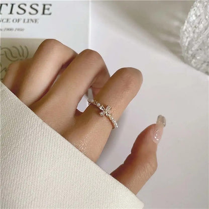 Flower Zircon Pearl Open Ring