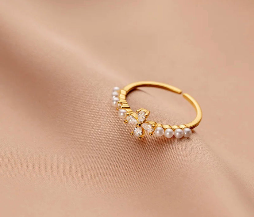 Flower Zircon Pearl Open Ring