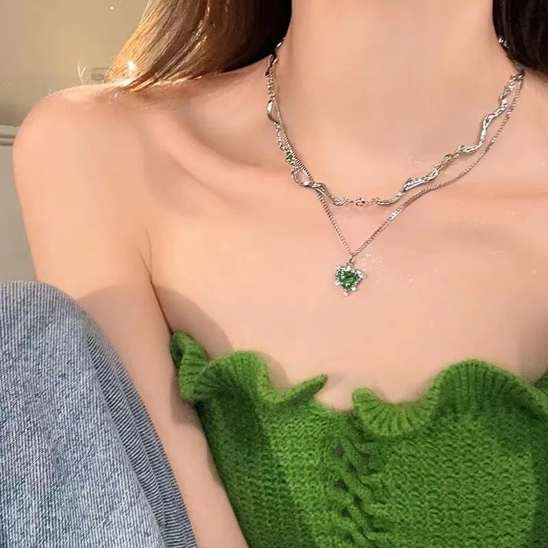 Double Layer Green Crystal Heart Necklace