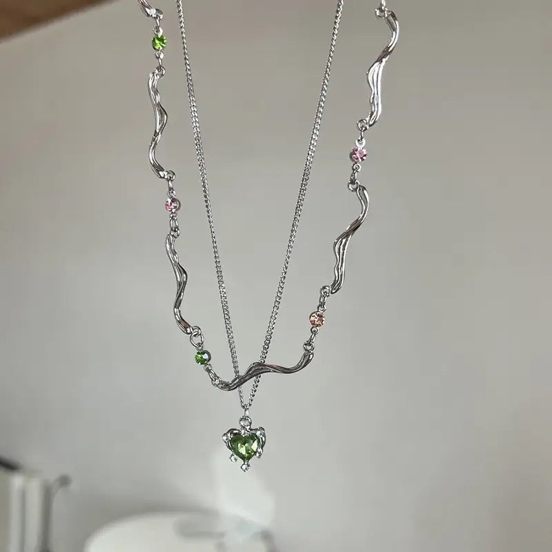 Double Layer Green Crystal Heart Necklace