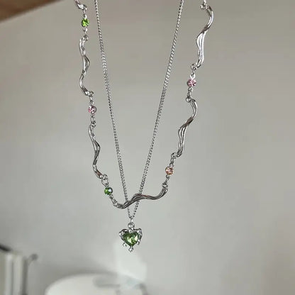 Double Layer Green Crystal Heart Necklace