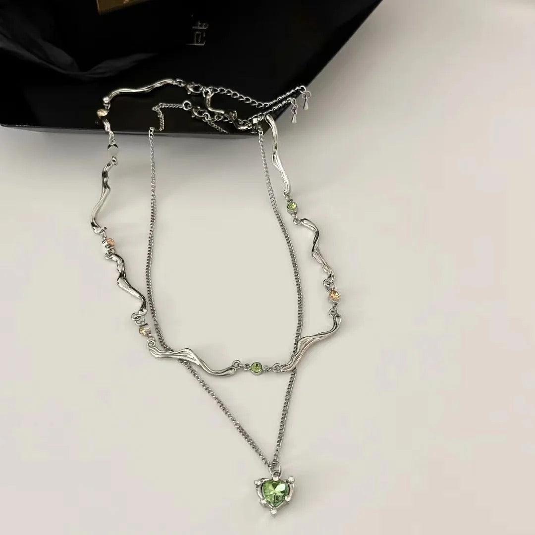 Double Layer Green Crystal Heart Necklace