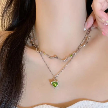 Double Layer Green Crystal Heart Necklace