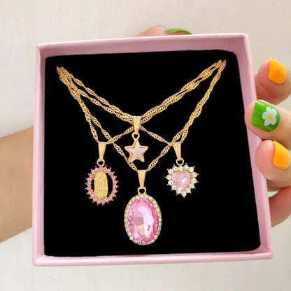 Multi Layer Pink Zircon Pendant Necklace