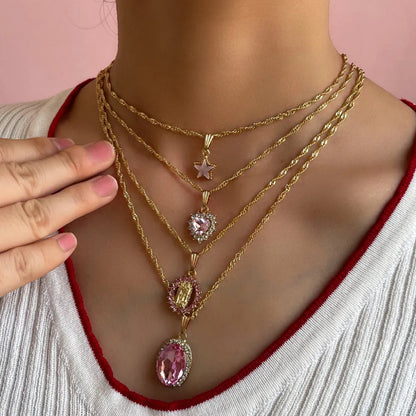 Multi Layer Pink Zircon Pendant Necklace