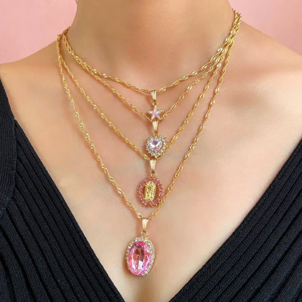 Multi Layer Pink Zircon Pendant Necklace