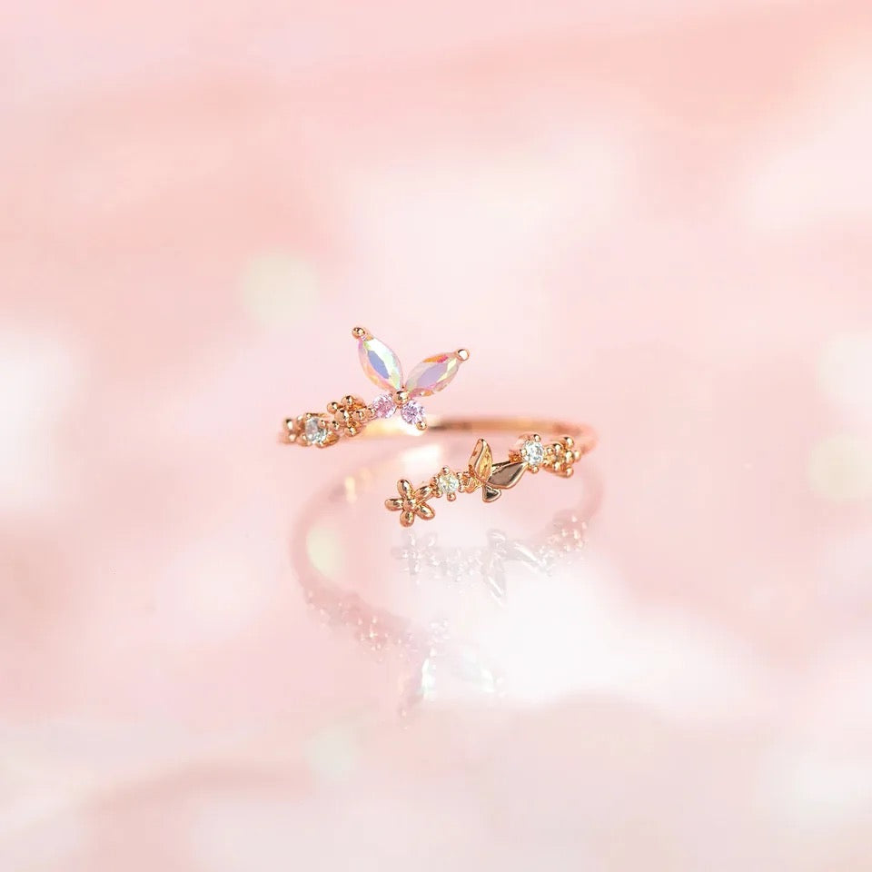 Crystal Zircon Butterfly Open Adjustable Ring