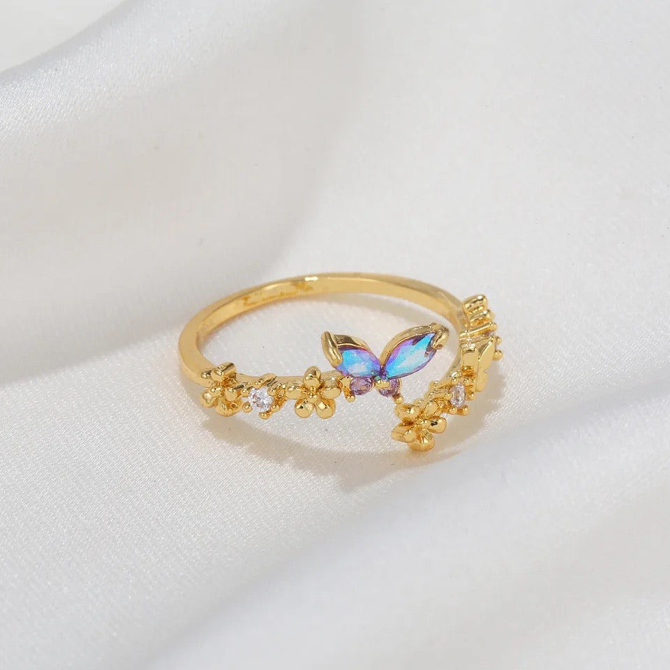 Crystal Zircon Butterfly Open Adjustable Ring