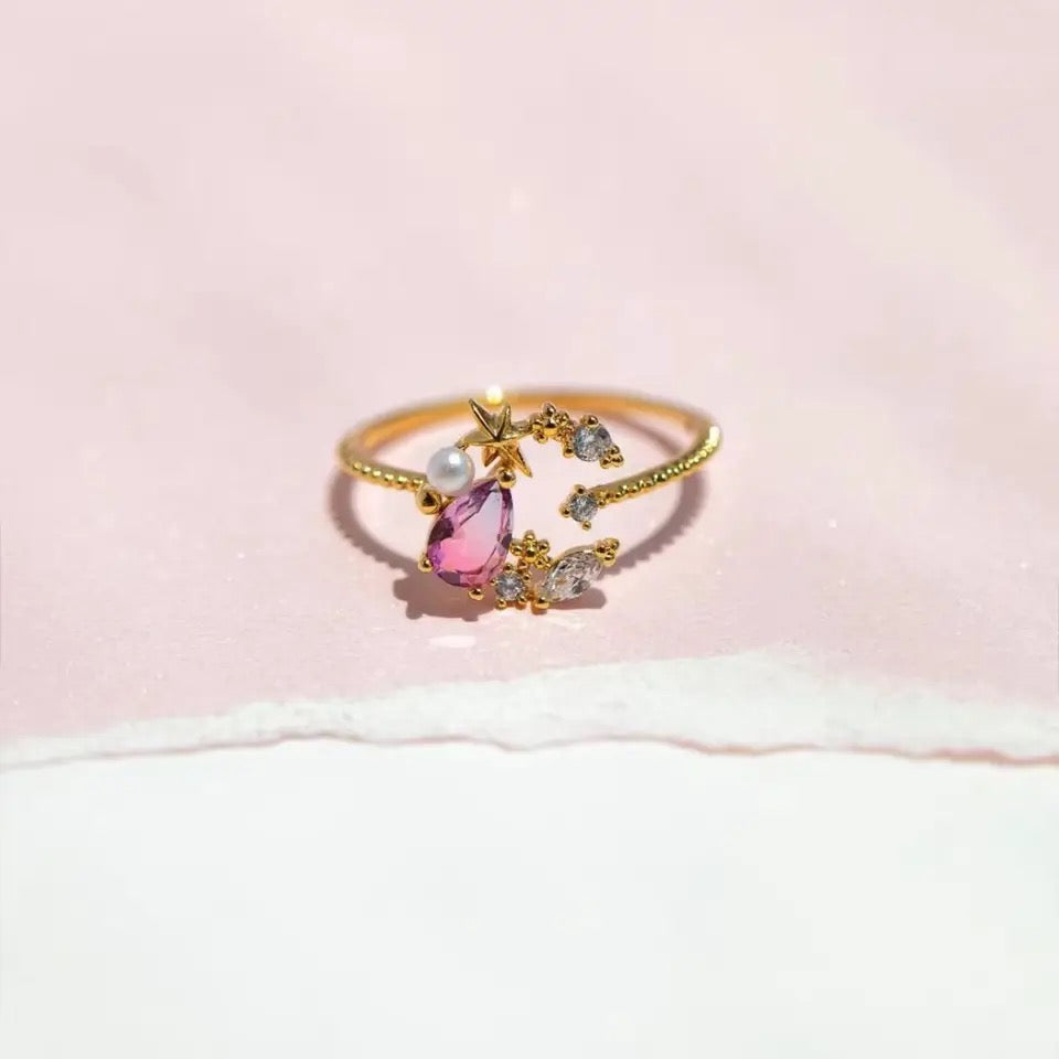 Pink Star Moon Zircon Ring