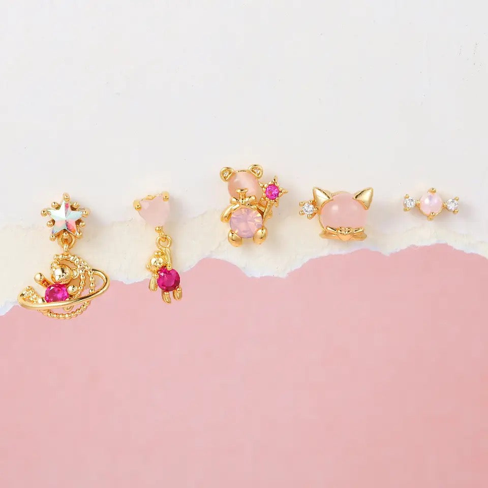 5Pcs 18K Gold Plated Sweet Zircon Earrings