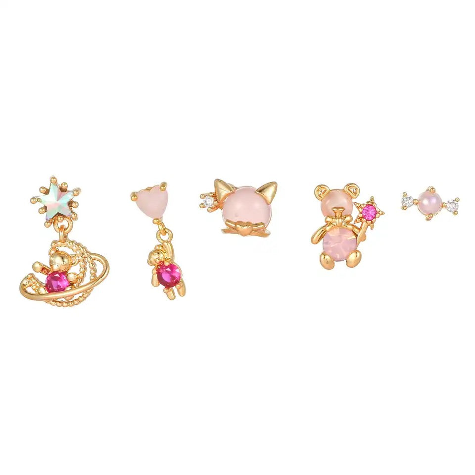 5Pcs 18K Gold Plated Sweet Zircon Earrings