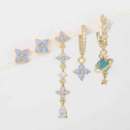 5Pcs Blue Flower Zircon Earrings