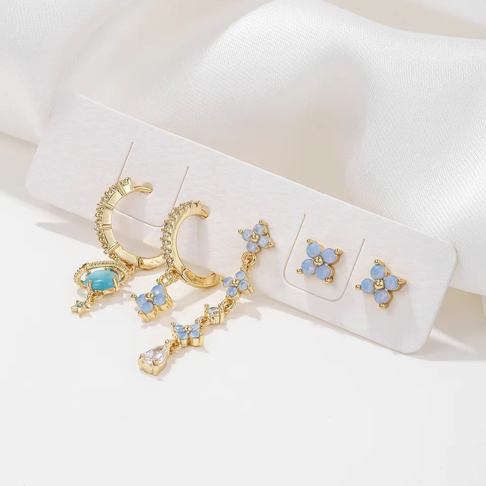 5Pcs Blue Flower Zircon Earrings