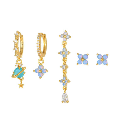 5Pcs Blue Flower Zircon Earrings