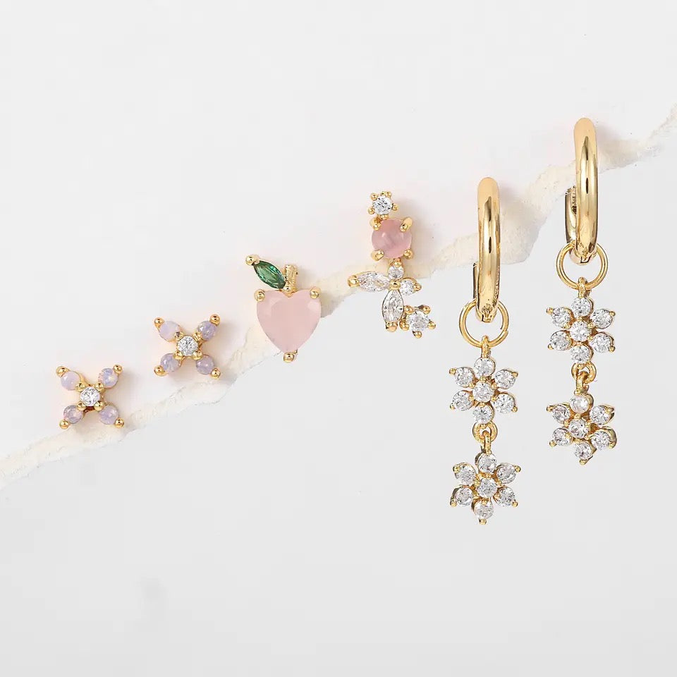 5Pcs Peach Flower Zircon Earrings