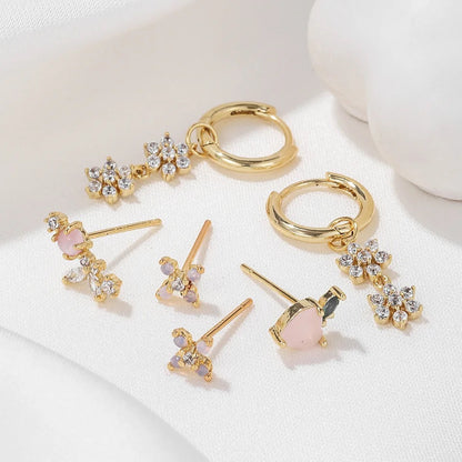 5Pcs Peach Flower Zircon Earrings