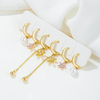 6Pcs Pearl Pink Zircon Flower Earrings