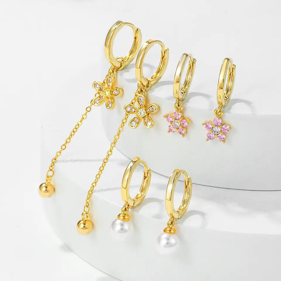 6Pcs Pearl Pink Zircon Flower Earrings