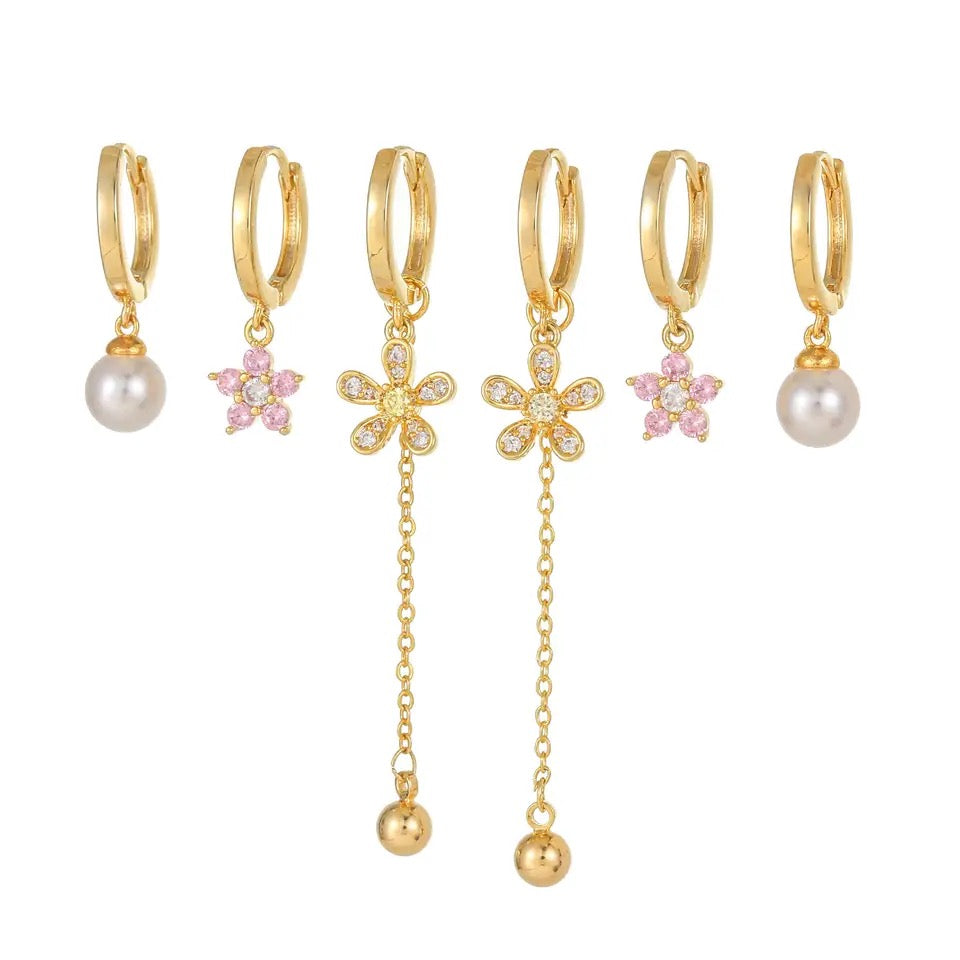 6Pcs Pearl Pink Zircon Flower Earrings