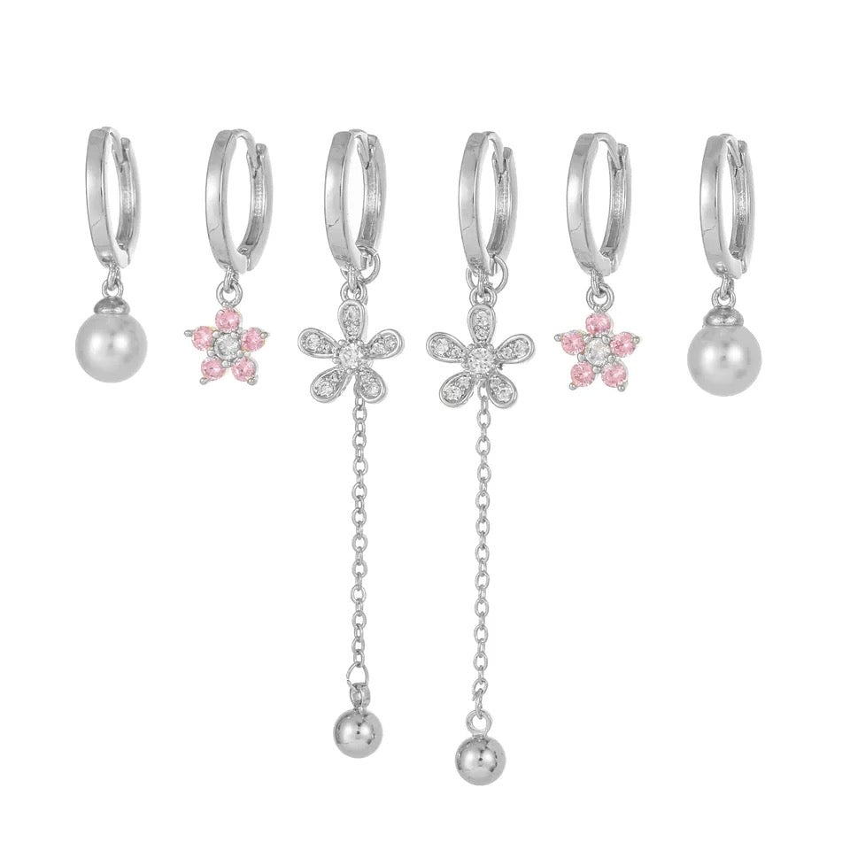 6Pcs Pearl Pink Zircon Flower Earrings