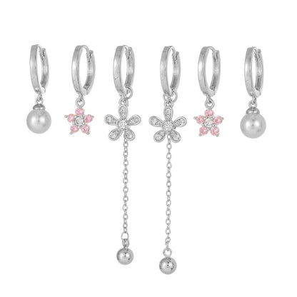 6Pcs Pearl Pink Zircon Flower Earrings