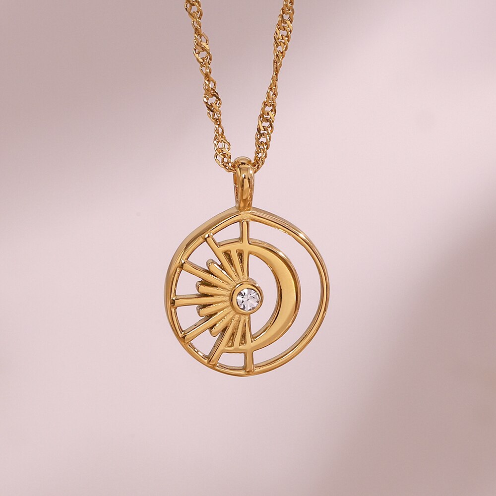 Hollowed Sun Moon Pendant Necklace