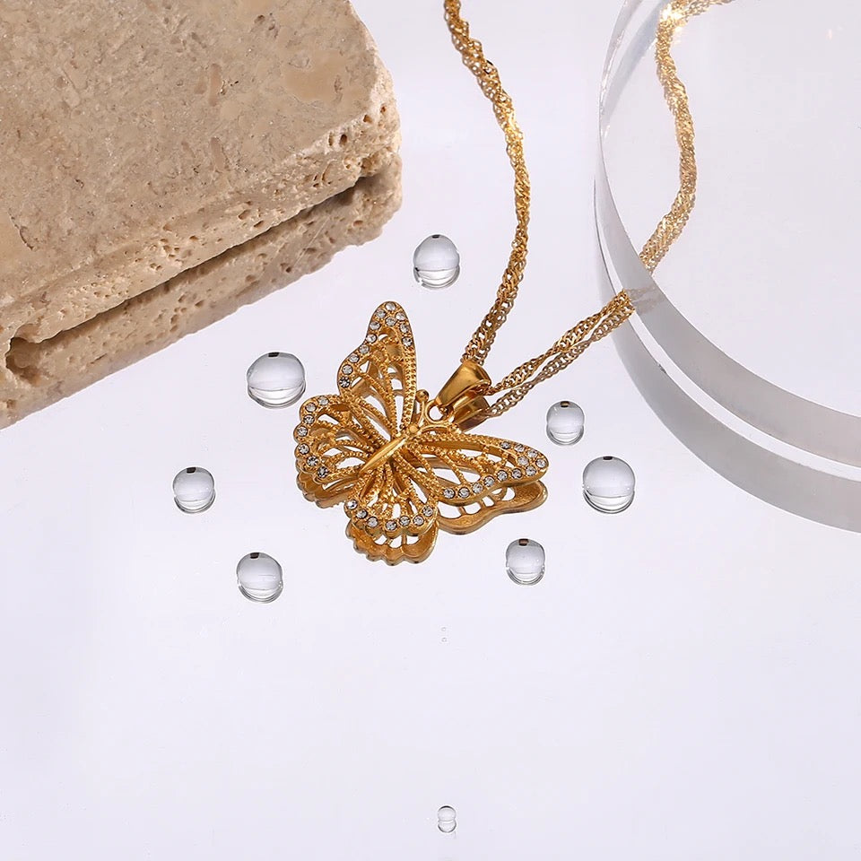 Zircon Crystal Butterfly Pendant Necklace