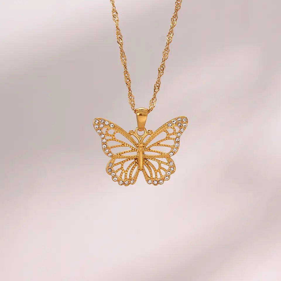 Zircon Crystal Butterfly Pendant Necklace