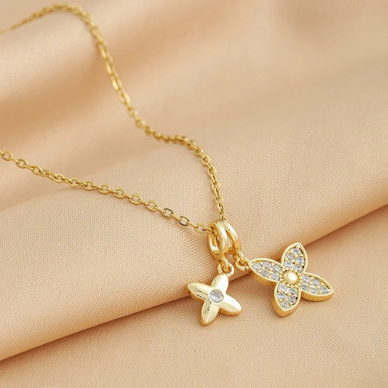 Two Flower Zircon Pendant Necklace